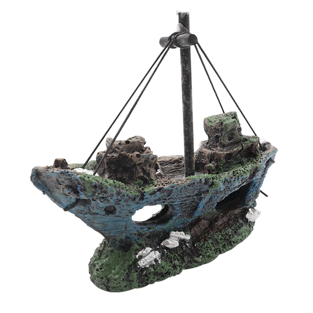 NUZAMAS Artificial Fish Tank Decor Wrecked Boat Ship Resin Model Ornament Aquarium Fish Tank Landscape Pirate for Reptile Hideout Betta Fish Swimming Habitat Cave - Image 2
