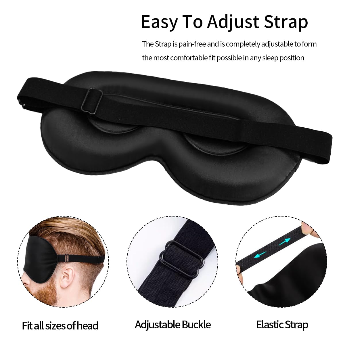 townsslik 3D sonno maschera per gli occhi,doppia faccia 19 mm seta di gelso di lusso,nessuna interferenza con le ciglia,confortevole per gli occhi,tracolla regolabile,adatto uomini,donne bambini,nero