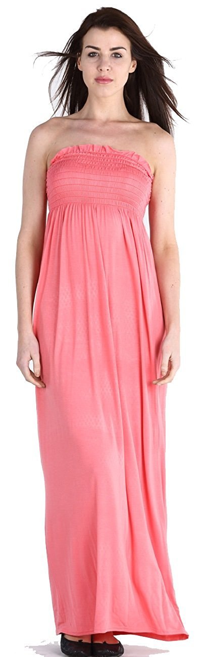 Candid Styles Women's Coral Sheering Bandeau Boobtube Gather Strapless Summer Beach Maxi Dress 8-22