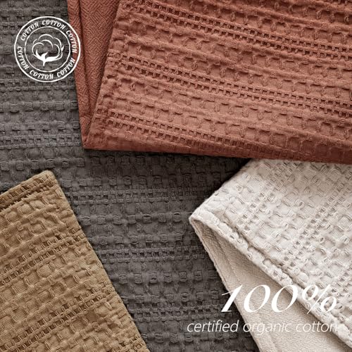 Image of Foindtower Set of 2 Decorative Cotton Waffle Weave Throw Pillow Cover Euro Shams Cushion Covers Accent European Pillowcase For Bed Couch Sofa Bedroom Living Room Home Decor 26x26 Inch Fall Rust Orange
