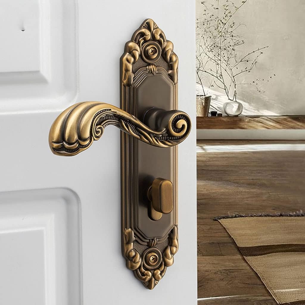 Door Knob Lever Retro Carved Door Lock Door Levers Single Lock Door Handle with Key for Bedroom Bathroom Study Room Hallway Door Lock with Handle (Color : Gold)