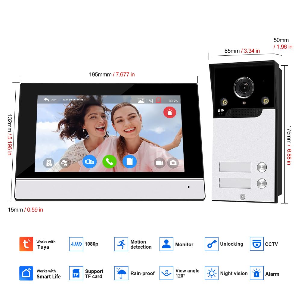WiFi Video Sistema Citofono 1080P HD Campanello Telecamera IR Visione Notturna con 2 Monitors a 7 Pollici per 2 Case/Appartamenti, Audio a 2 Vie, Registrazione, APP Tuya Smart
