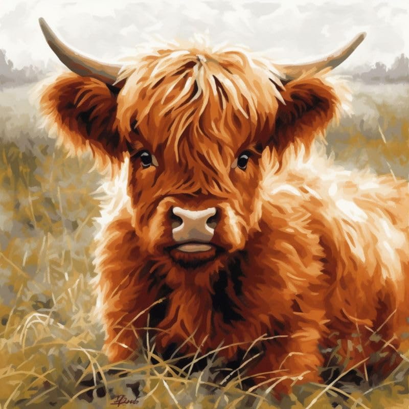Image of Highland Cow in Grass 11CT Cross Stitch Kits for Beginners Color Printed Stamped Cross-Stitch Supplies Needlework Printed Embroidery Kits DIY Kits Needlepoint Starter Kits 50x50cm(X69)