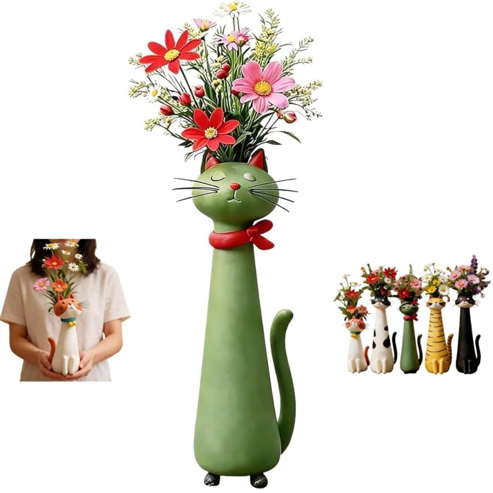 Cute Cat Shaped Resin Vase Handcrafted Animal Sculpture Flower Holder Decorative Ornament for Tabletop Indoor Floral Display (C)