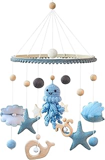 Mar Mundo Móvil Baby Carillón de Viento con Bolas de Fieltro, Pulpo 3D Azul Croché a Mano con Conchas y Estrellas, Campana de Madera Colgante para Cuna de Bebé Niños y Niñas