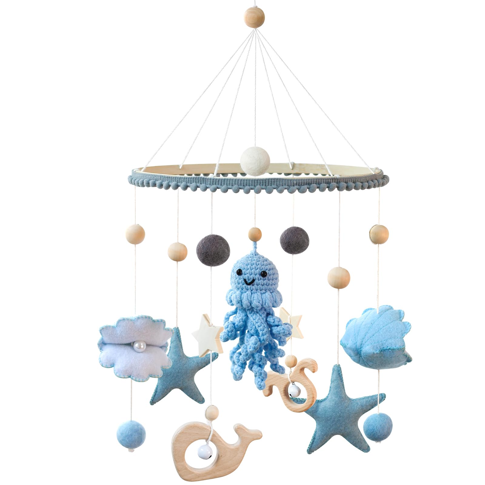 Meer Welt Mobile Baby Windspiele – Baby Mobile für Bett, 3D Häkeln Oktopus Babybett Mobile Wickeltisch Hängende Bettglocke, Deko Kinderzimmer Babyzimmer, Geschenk für Baby Mädchen Junge