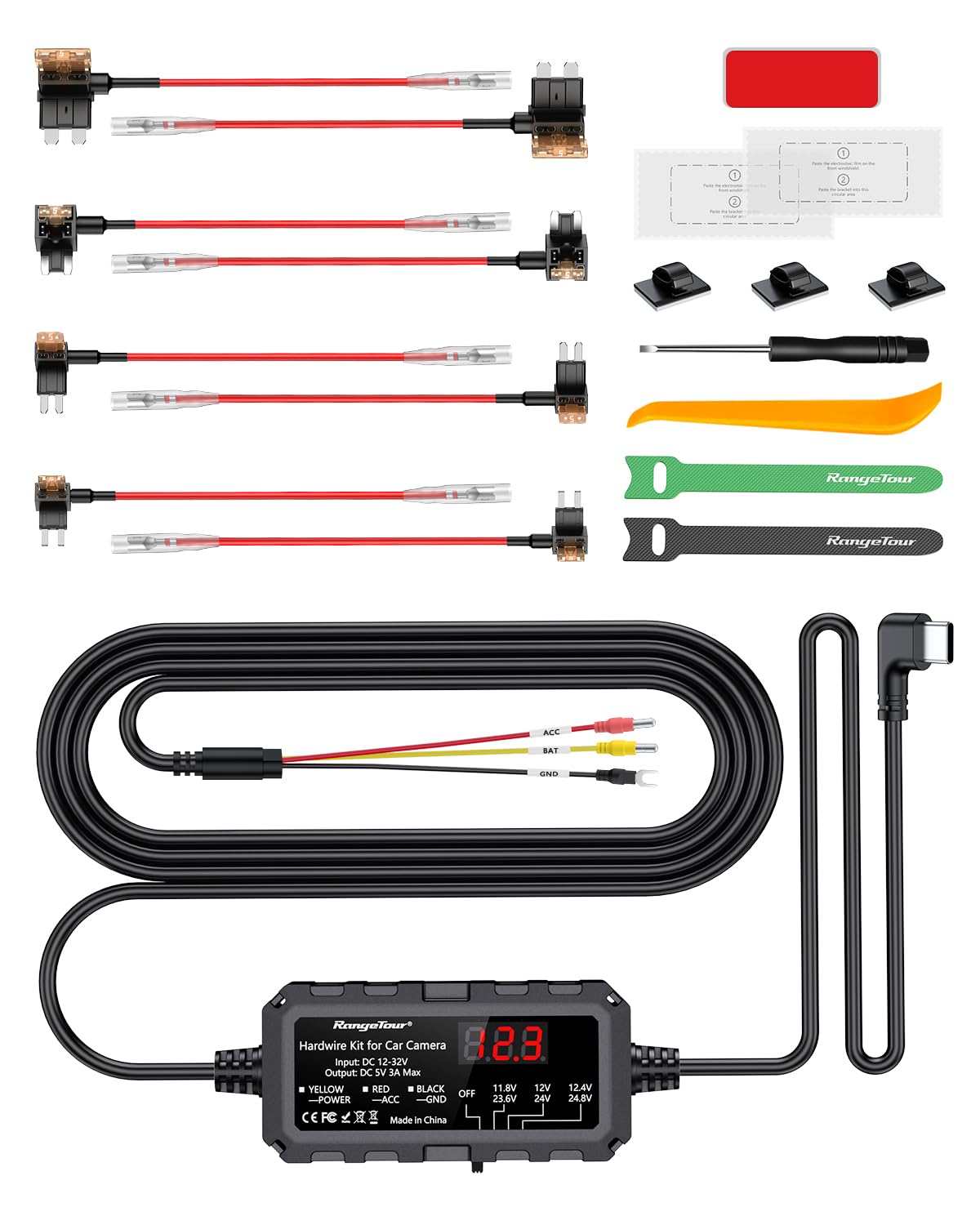 Kit Cablaggio USB-C con Schermo LED, 12V-32V a 5V 3A Auto Cavo di Ricarica Kit 4m 3-Core con Protezione Regolabile a Bassa Tensione, Dash Cam Hardwire Kit Monitoraggio Parcheggio 24 Ore