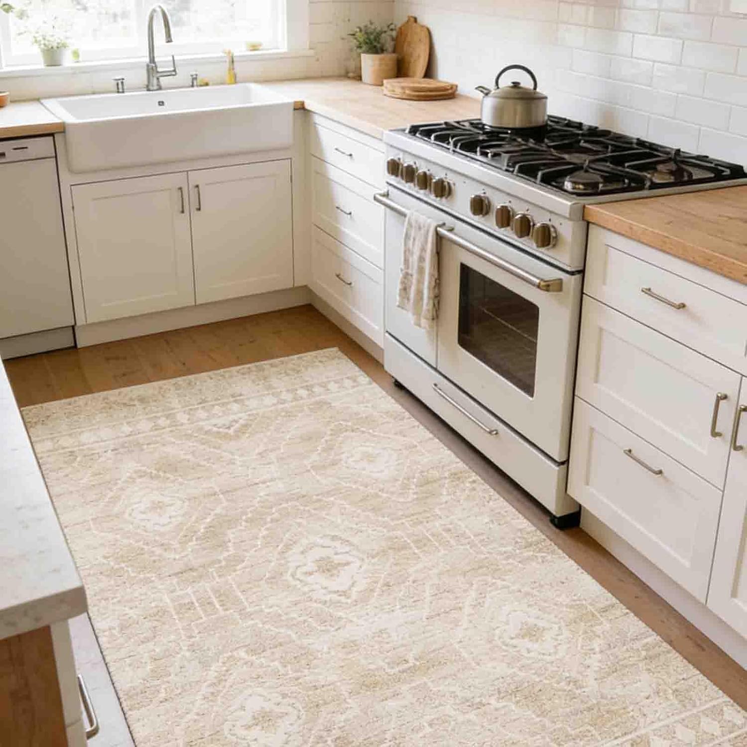 3x5 Area Rug for Nursery, Beige Neutral Rugs for Kitchen Non Slip Low Pile Boho Geometric Moroccan Area Rugs Large Soft Carpet for Entryway Kitchen Office Dining Room