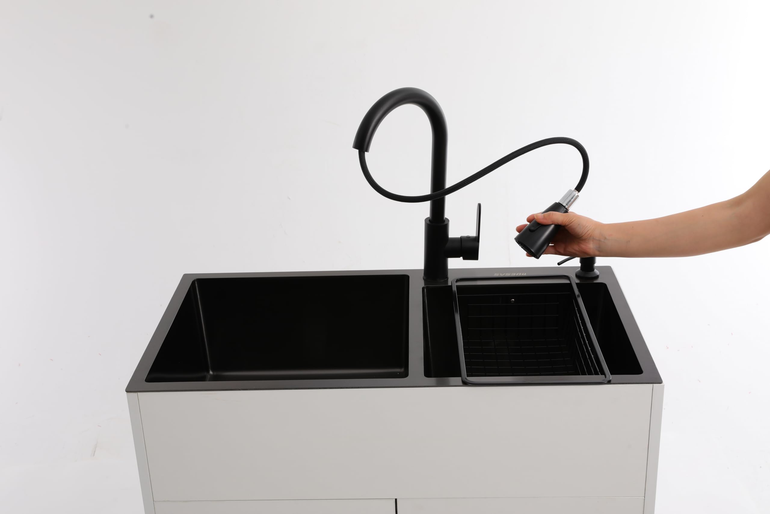 Lavello da cucina autoportante con mobiletto e rubinetto, lavello in acciaio inox con 2 vasche, scolapiatti e unità di scarico, per cucina, giardino, officina, lavanderia, campeggio (bianco)
