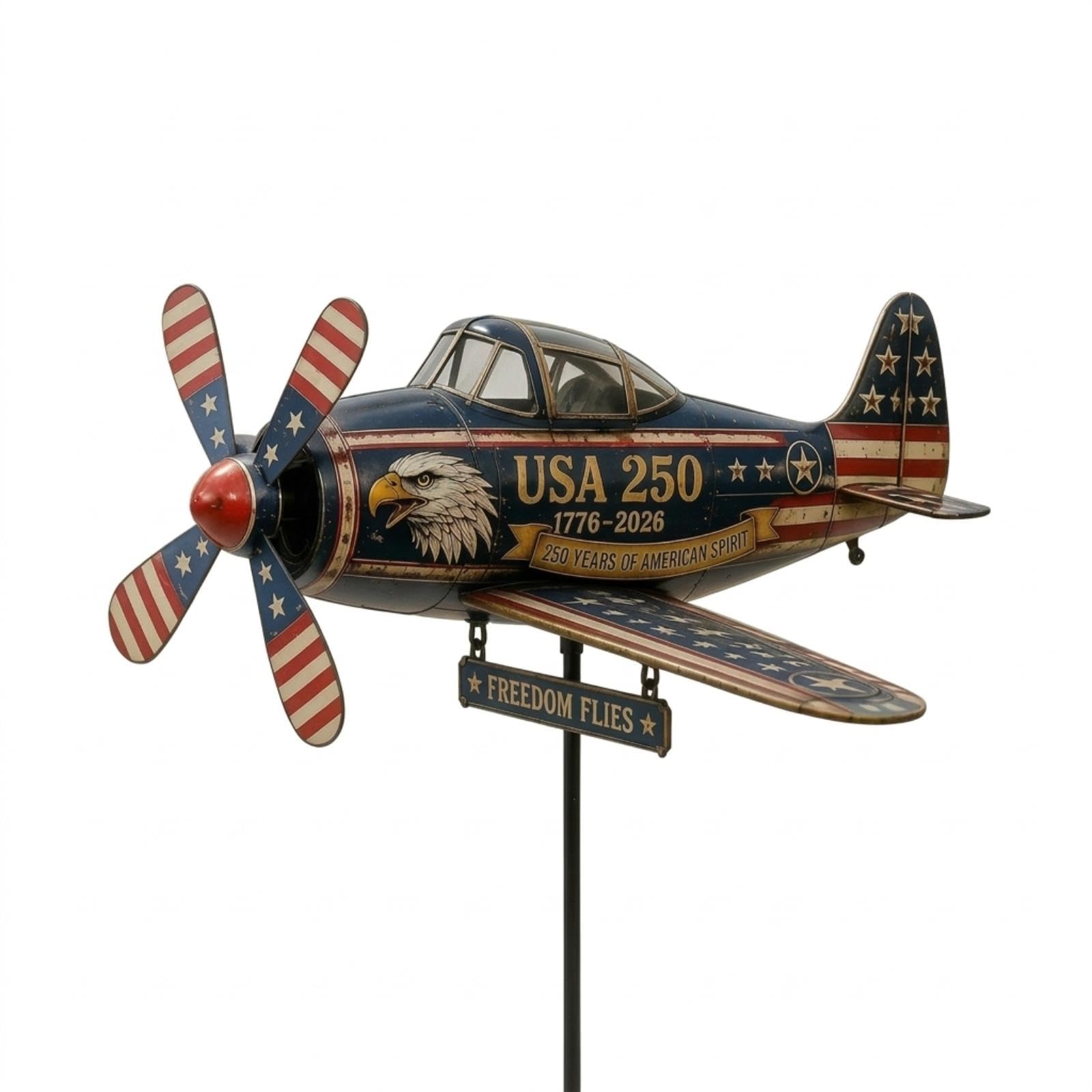 Airplane Wind Sculpture Patriotic Wind Sculpture with Propeller Distressed Airplane Ornament with Stake for Lawn, Patio-image-7