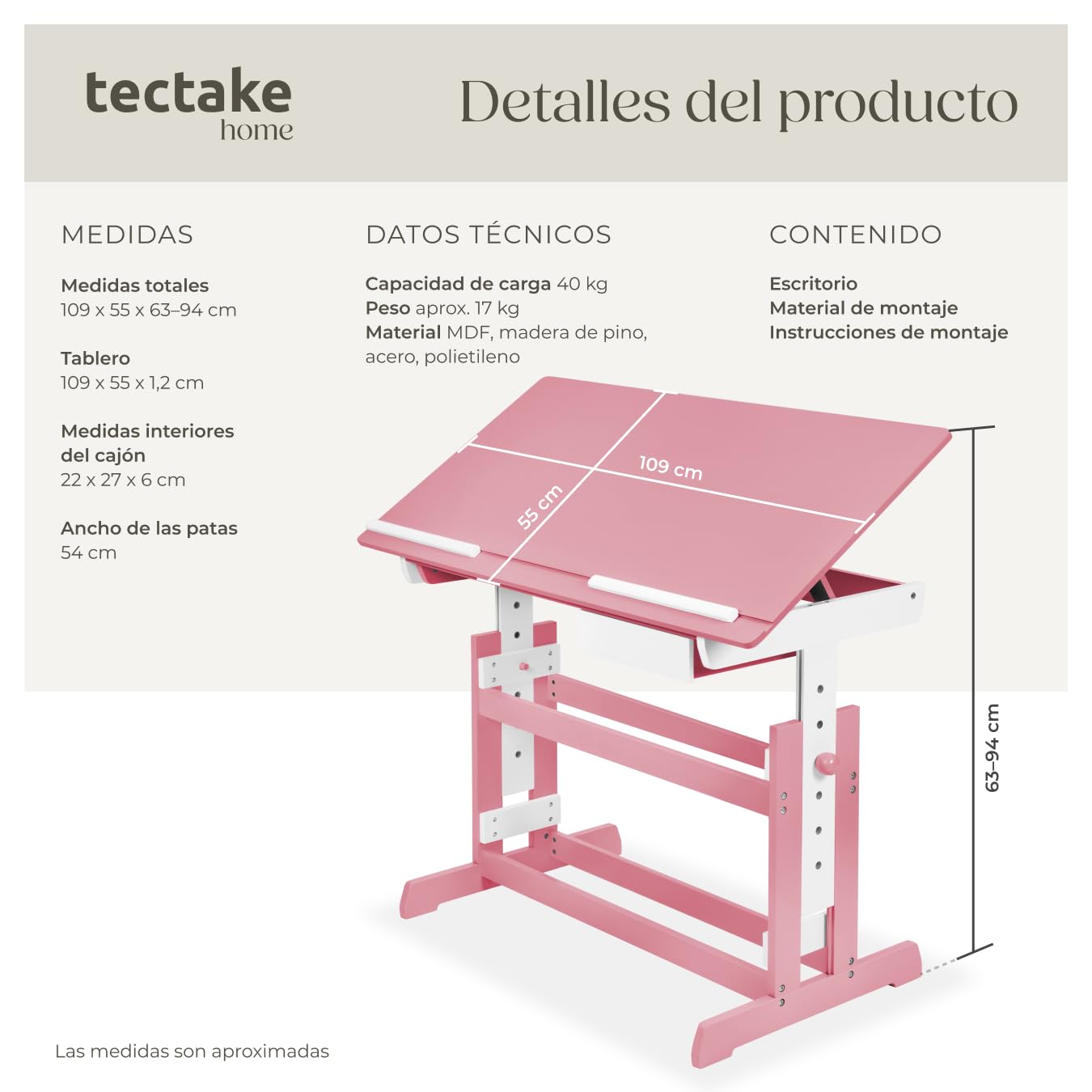 tectake® Escritorio Madera, Escritorio Elevable en 7 Posiciones, Tablero Inclinable, Cajón, Bordes Redondeados, Mesa Escritorio, Mesa de Estudio, Escritorio Infantil, Mesa Infantil - Rosa