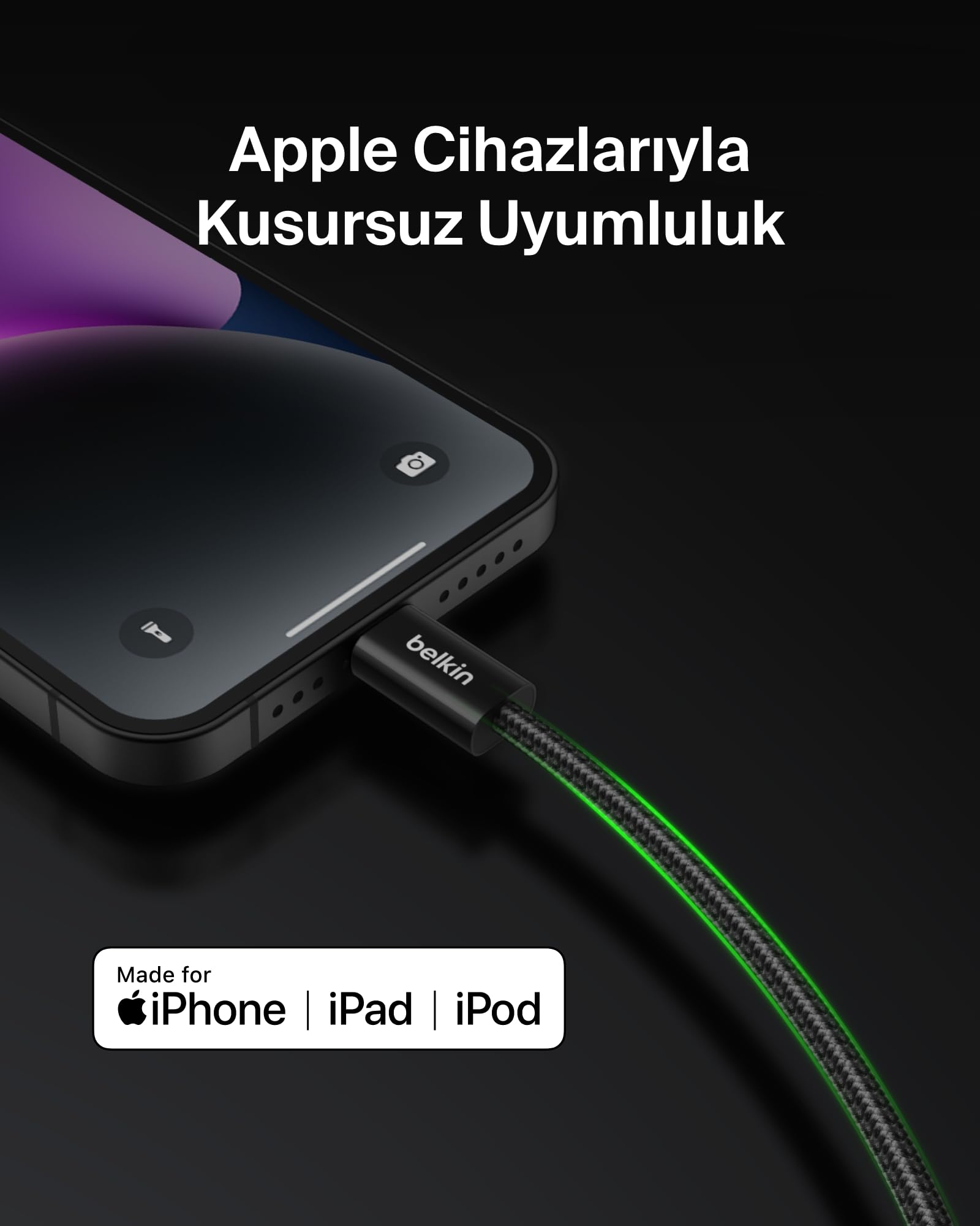 Belkin 2'li Örgülü USB-C - Lightning Kablo, 1,5 m, iPhone 14 ve önceki modeller, 9. Nesil iPad ve AirPods için hızlı şarj kablosu, Siyah