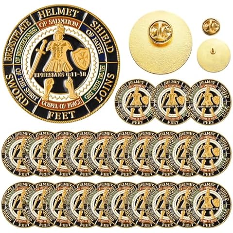 Landical 24 Pcs Put on the Whole Armour of God Lapel Pins 1.18 Inch Gold Religious Brooches Christian Pins Bulk for Men Women Cover