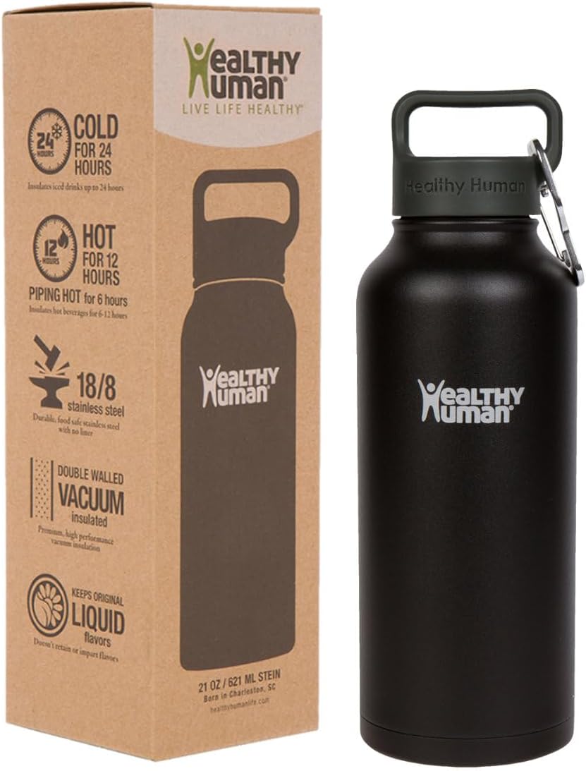 Healthy Human Stainless Steel Water Bottle | Double Walled Vacuum Insulated Water Thermos for Adults | Eco-Friendly Travel Bottles with Leak Proof Lid (Pure Black, 32 oz/ 946 ML)