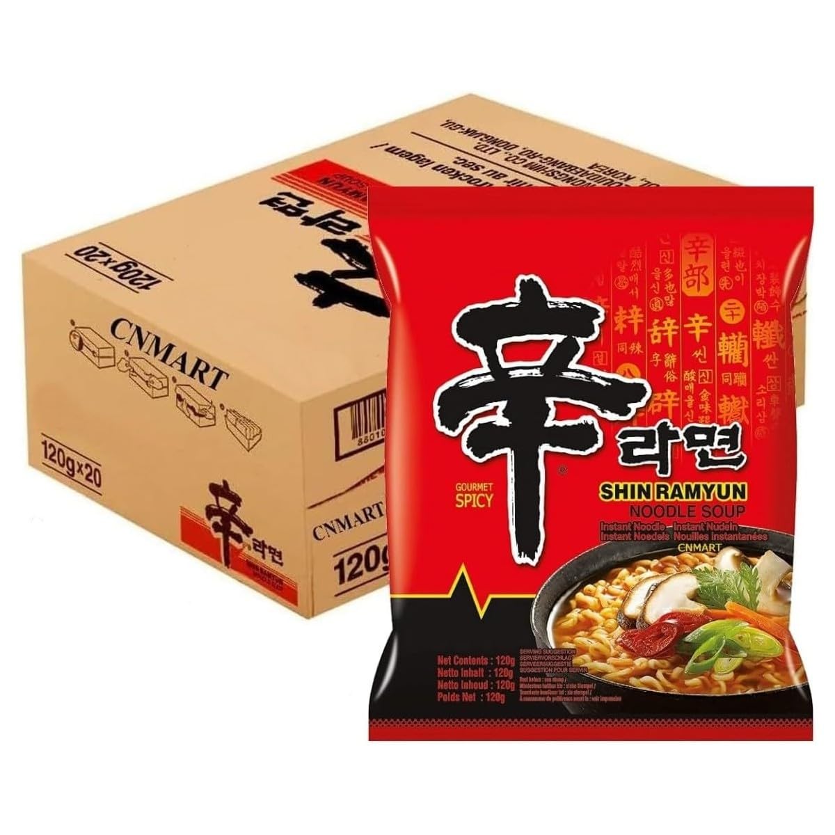 CNMARTKorean Ramen Set - Shin Ramyun Instant Noodle, Gourmet Spicy Picante, 4.2-Ounce Packages Vegan Halal (Pack of 20) with Chopsticks