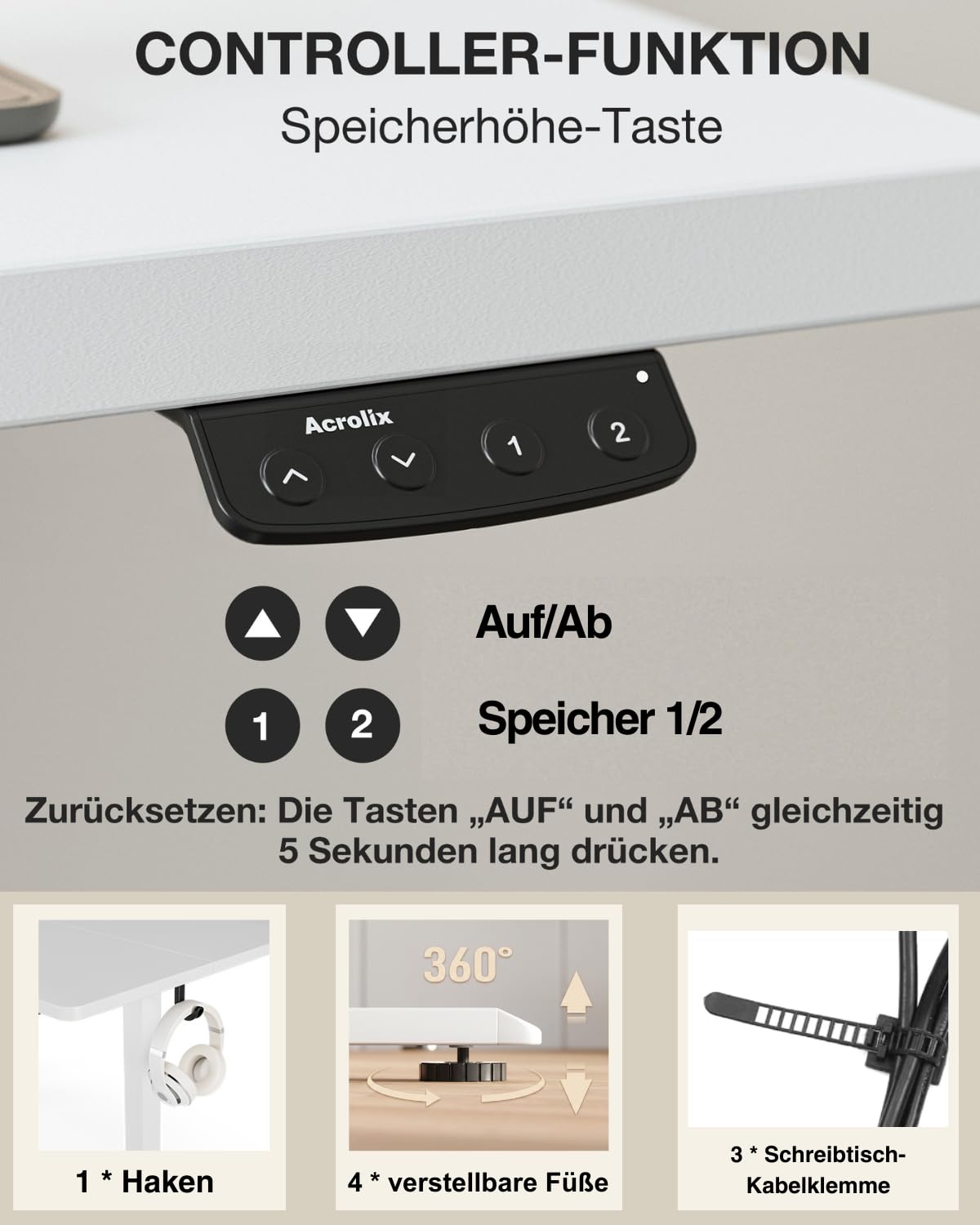 Acrolix Höhenverstellbarer Schreibtisch 120x60 cm,Stabiler Computertisch mit Kabelmanagement, Elektrischer Schreibtisch mit Memory Funktion, 80kg Tragkraft, Bürotisch für Homeoffice Weiß