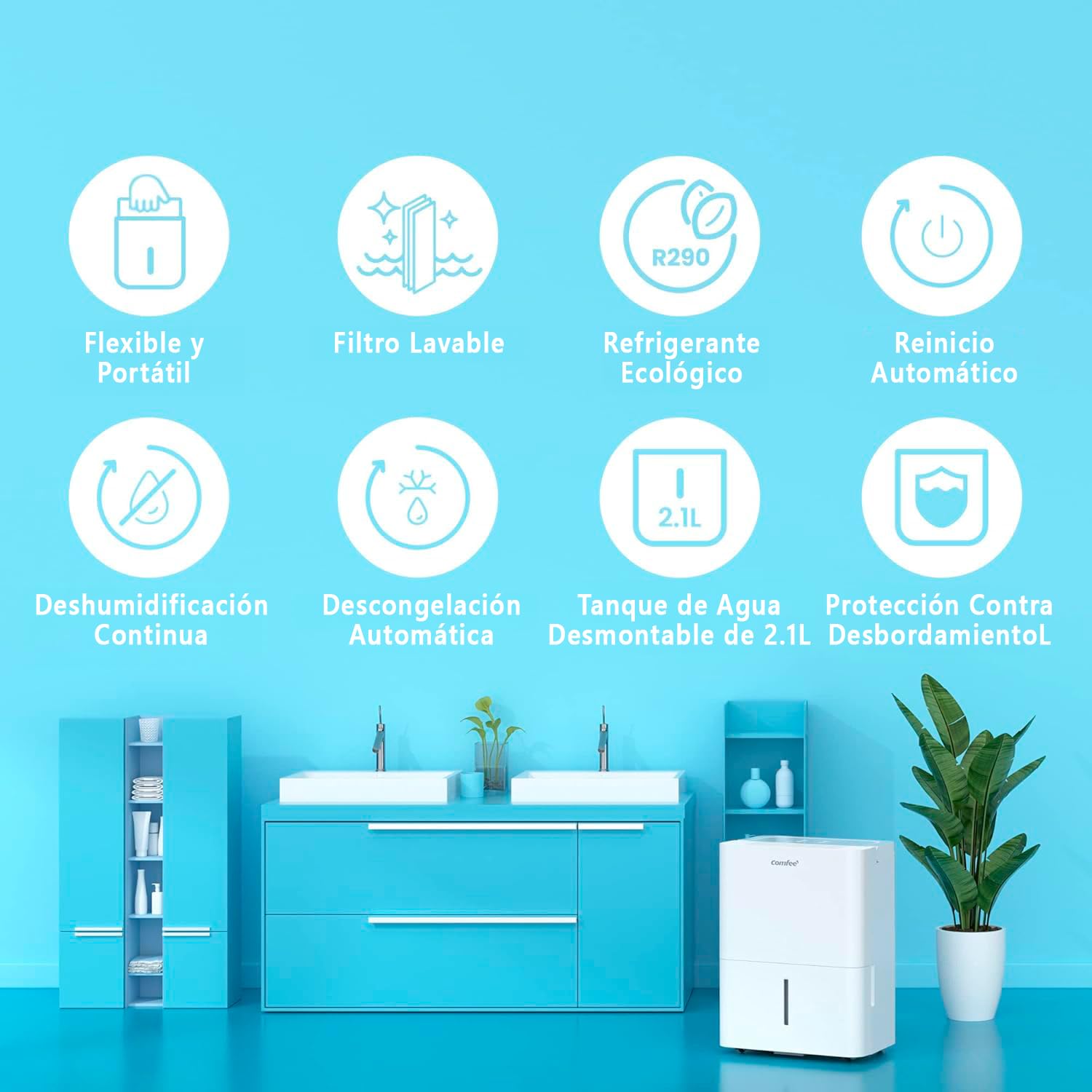COMFEE’ Deshumidificador 10L para Humedad interior hasta 20 m2 / 50 m3 - Deshumificador Silencioso compacto y de bajo consumo - Deshumificadores de humedad con depósito extraible y reinicio automático