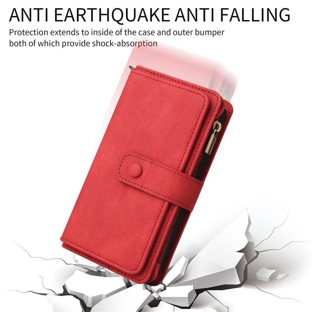 Custodia Flip in Pelle con Cerniera per iPhone 14 13 12 11 Pro XS Max XR X 8 7 6 6S Plus SE 2020 2022 Slot per Carte Portafoglio Shock Phone Cover,Rosso,Per iPhone XR
