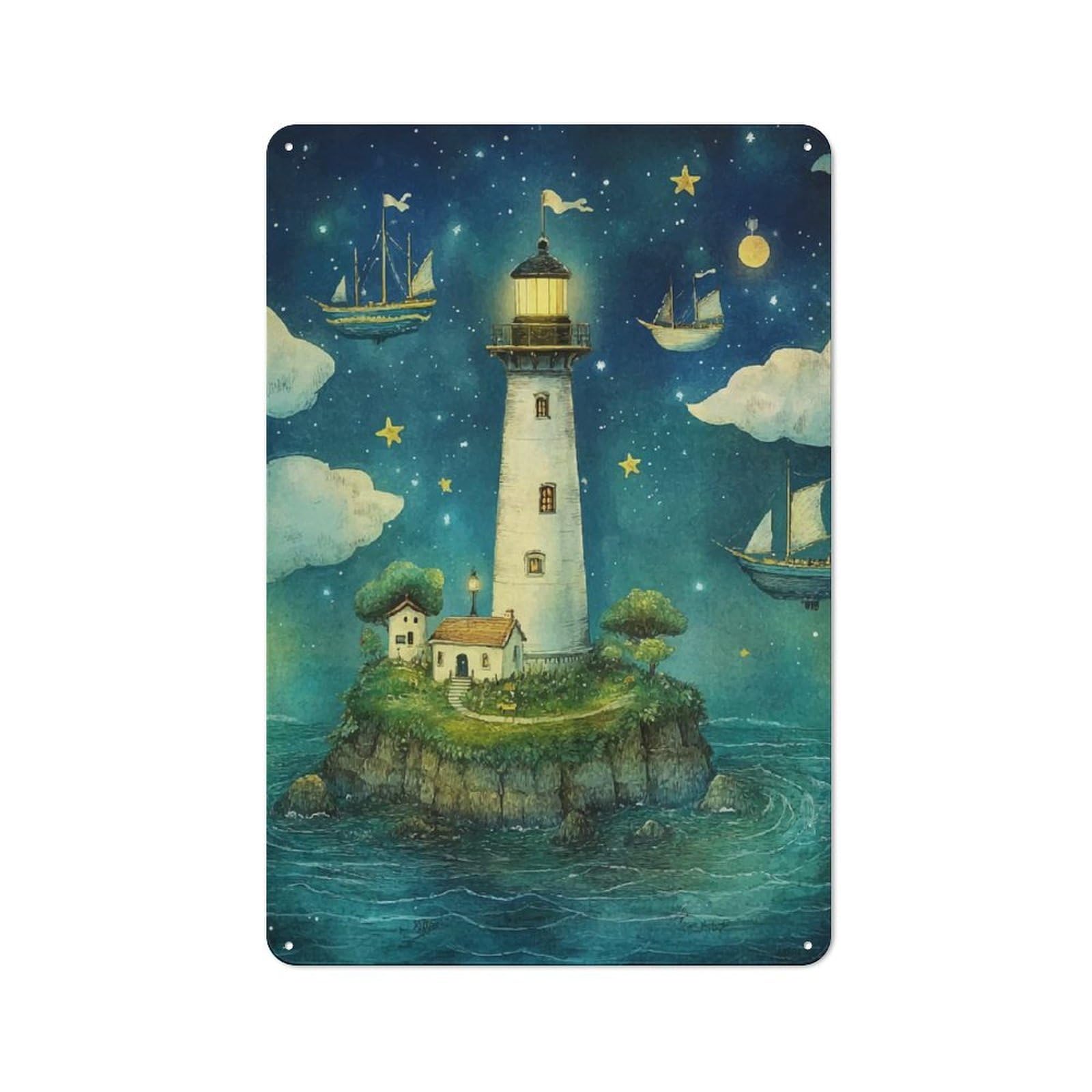 Junmoney Lighthouse Starry Night Farmhouse Metal Sign With Design 30X20cm, Rustic Farmhouse Wall Decor For Farmhouse Kitchen, Pantry Or Dining Area