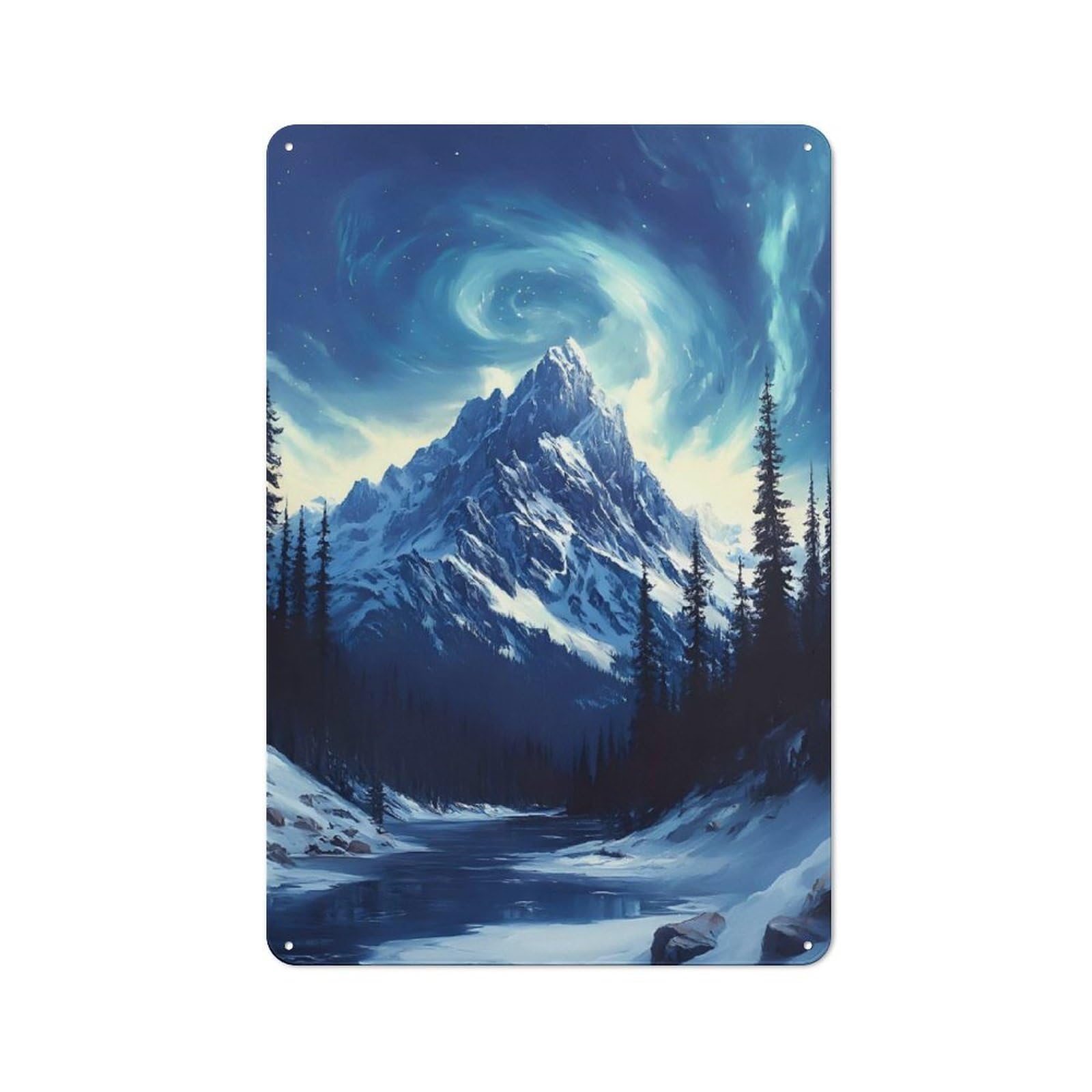 Junmoney Style-8 Tin Wall Plaque 30X20cm With Aurora Borealis Over Snowy Mountains For Guest Room Or Hallway, For Garage, Workshop And Man Cave Decoration