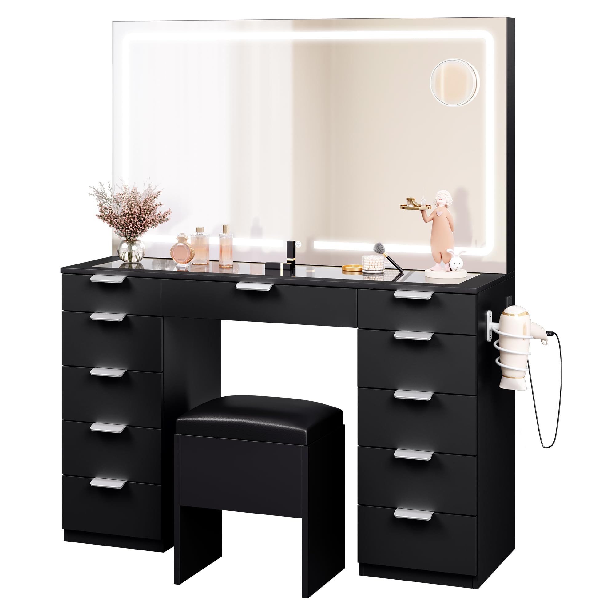 YITAHOME Schminktisch mit LED-Beleuchtung, 3 Farben mit Einstellbarer Helligkeit, Frisiertisch mit Spiegel für Make-up, Kosmetiktisch mit Steckdose, 11 Schubladen, modern, schwarz