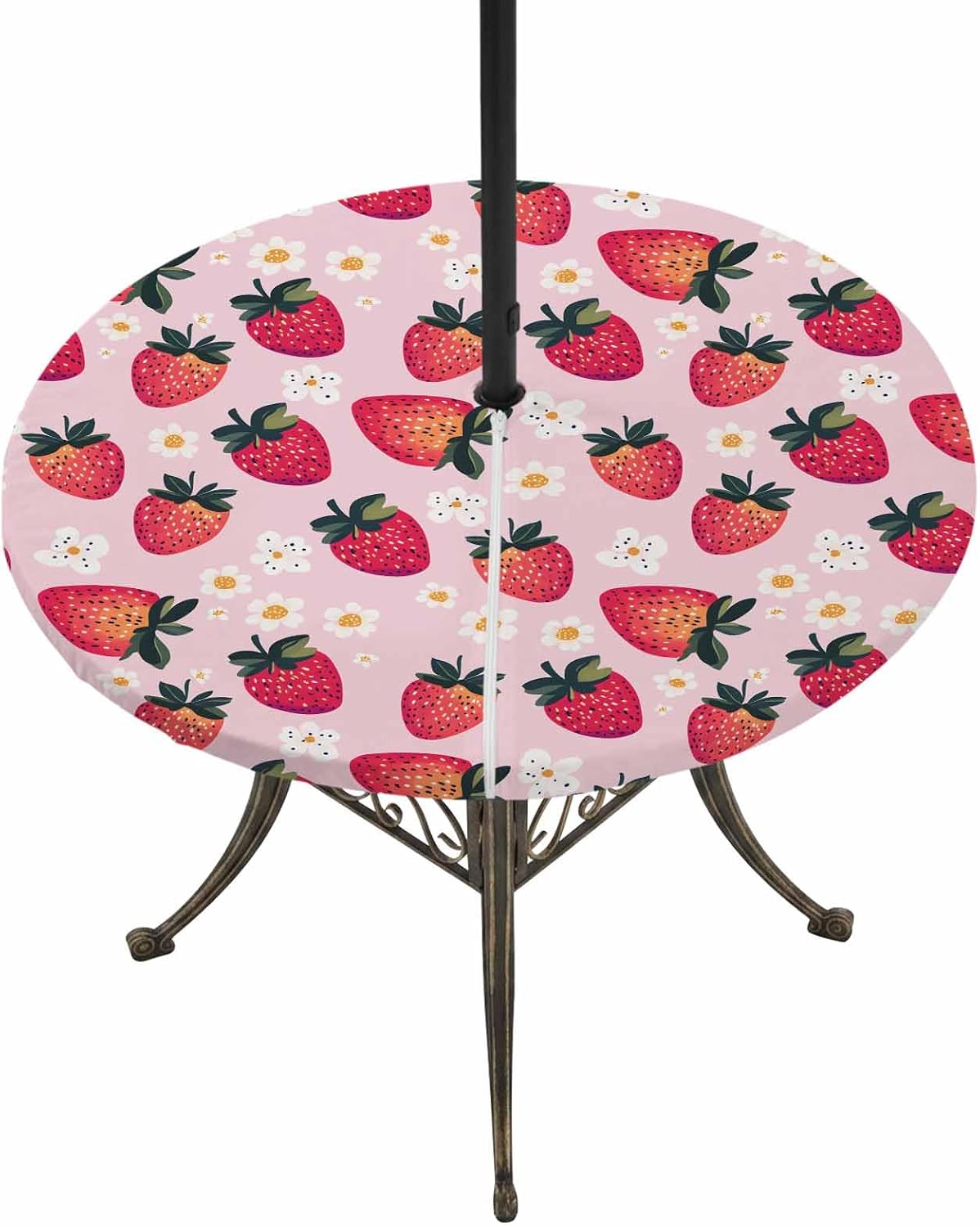 Strawberry Waterproof Outdoor Tablecloth with Umbrella Hole and Zipper,Round Fitted Table Covers with Elastic,Pink Spring Summer Rustic Floral Fruit Patio Table Cloth for Party Fits 55"-60" Tables image 2