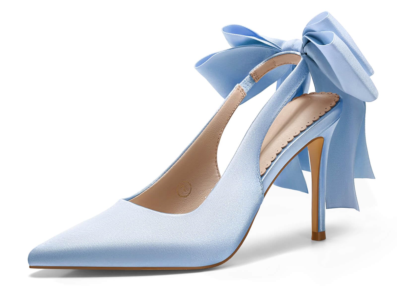 Womens Slingback High Heels with Bow Closed Pointed Toe Wedding Bride Dress Shoes Satin Pumps-image-44