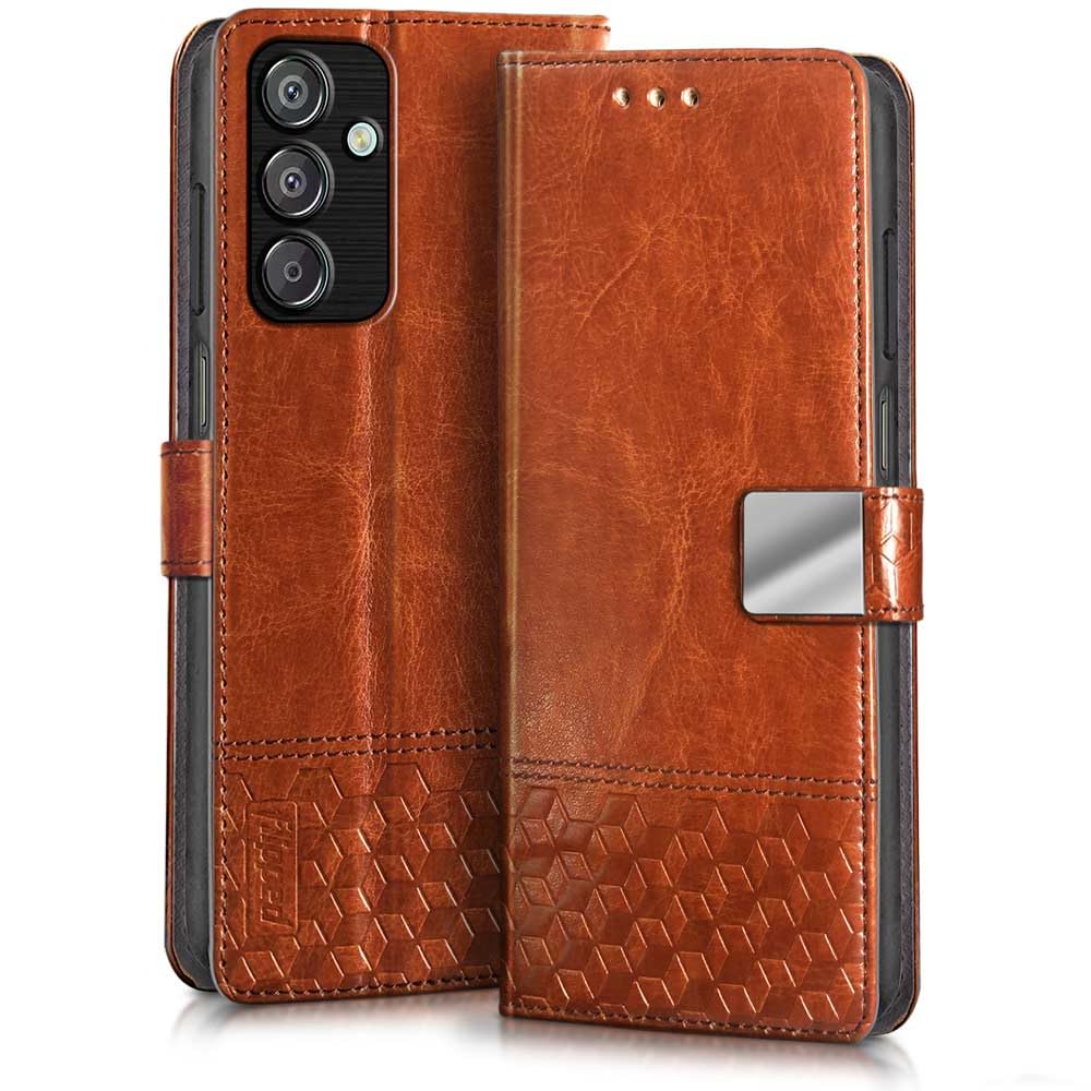 FLIPPED Hand Stitched Honeycomb Dual Design Back Flip Cover Case for Samsung Galaxy M15 5G Prime Edition | M15 | F15 5G (Shock Proof | Leather Finish | Wallet Case Card Holders & Stand) - Tanned Brown (B0CWLKXJLL) Amazon Price History, Amazon Price Tracker