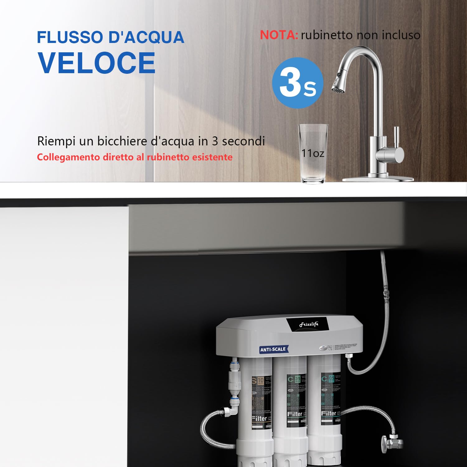 Frizzlife sistema di filtrazione acqua sottolavello, certificato NSF/ANSI 53, 42 e 372, filtrazione a 8 strati da 0,5 micron, riduce cloramina, PFOA/PFOS, piombo, cloro, cattivi odori e sapori, SK99