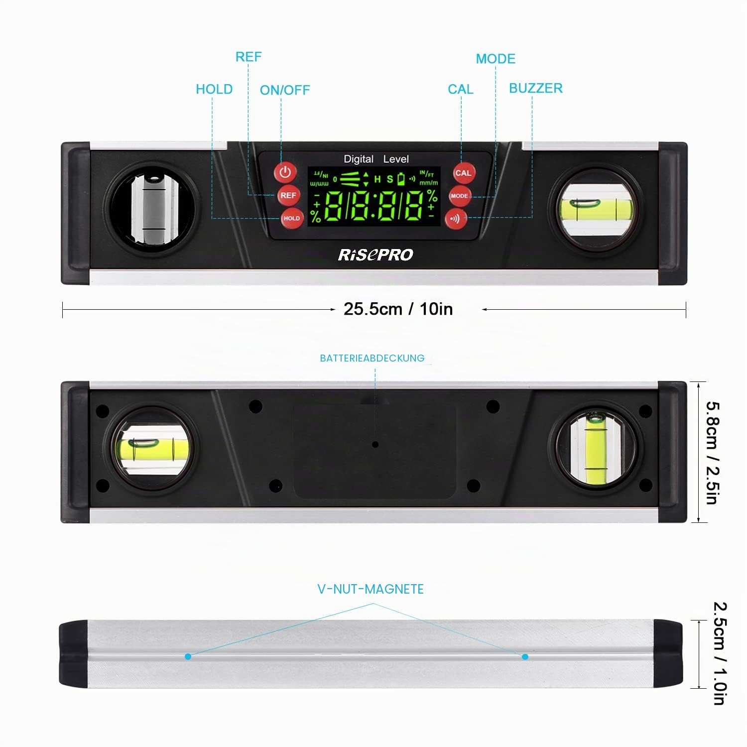 Digitale magnetische Wasserwaage und Winkelmesser – RISEPRO 10 Zoll IP54-geschützter elektronischer Blasen-Neigungsmesser, Winkelsucher, Messgerät mit großem VA-Display und Sockel mit V-Nut DL135-B