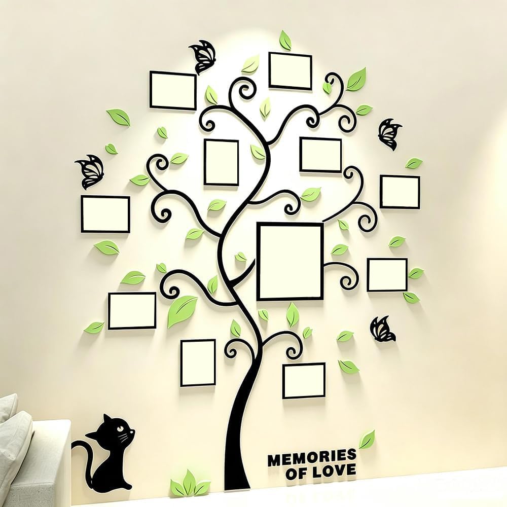 3D Tree Wall Stickers DIY Large Family Photo Frames Tree Cat Wall Decal Art Murals Tree Sticker for Living Room Bedroom Restaurant Home Decor(Black Branches+Light Green,S: 130 * 107cm)