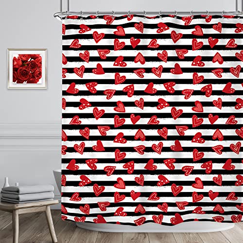 Riyidecor Valentinstag Duschvorhang 152 x 183 cm (B x H), rot und schwarz, gestreift, rote Herzen, romantische Badezimmer-Dekoration, Stoff, Polyester, wasserdicht, 12 Stück Haken Cover