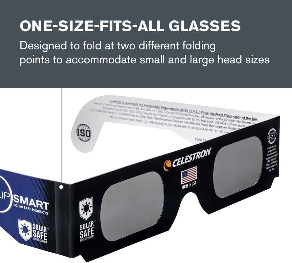 Celestron – EclipSmart Safe Solar Eclipse Glasses Family 4-Pack – Meets ISO 12312-2:2015(E) Standards – Premium Solar Safe Filter Technology – Includes One Size Fits All Glasses + Eclipse Guidebook