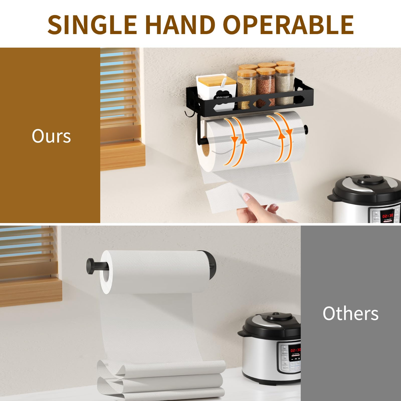 Soporte de pared para toallas de papel para cocina, diseño de fácil operación con una sola mano, soporte para toallas de papel autoadhesivo con estante para baño, toallero de papel RV con 2 4