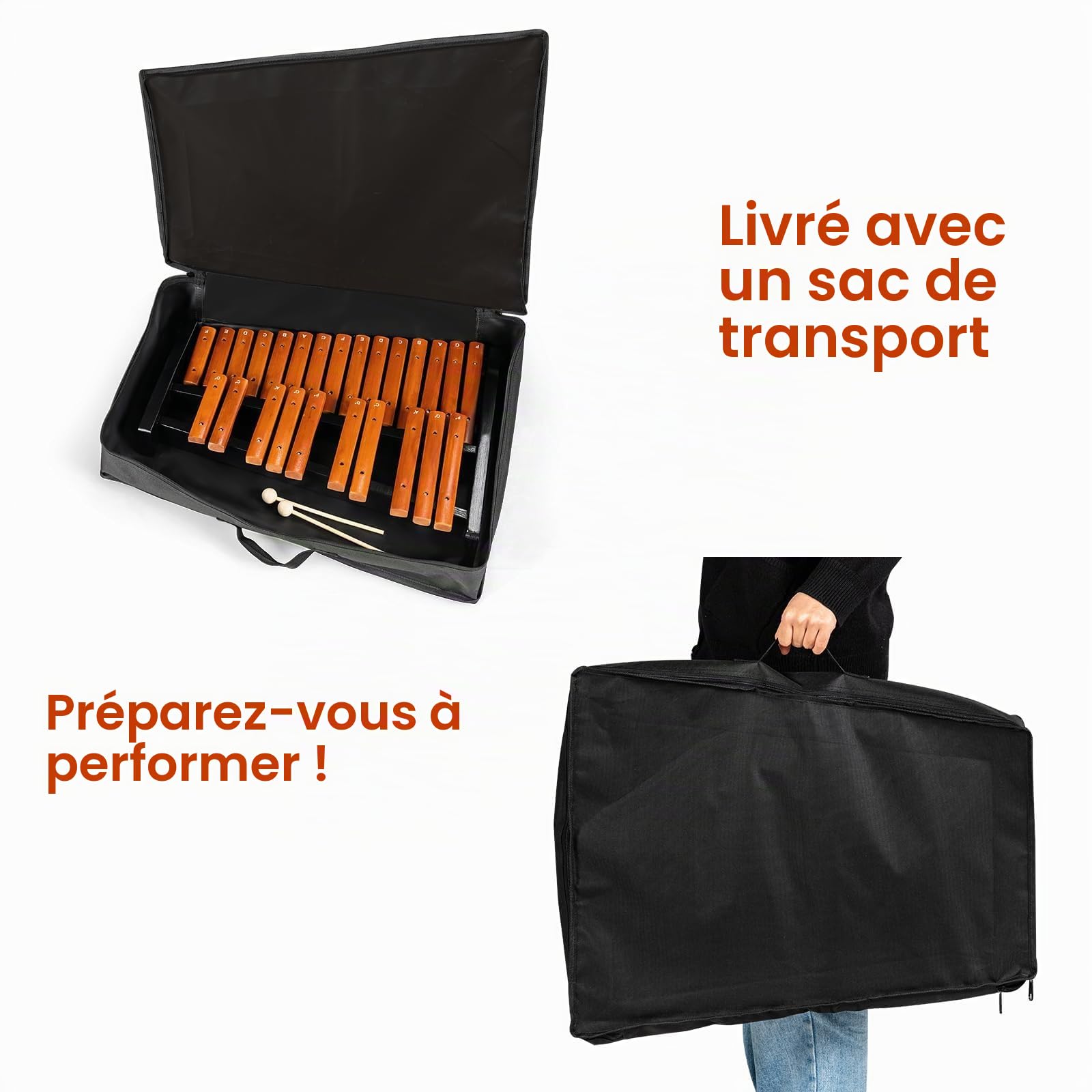 KOMFOTTEU Xylophone 25 notes bois, carillon avec 2 baguettes, percussion manuelle instrument de percussion avec sac de transport, instrument de musique pour enfants adultes