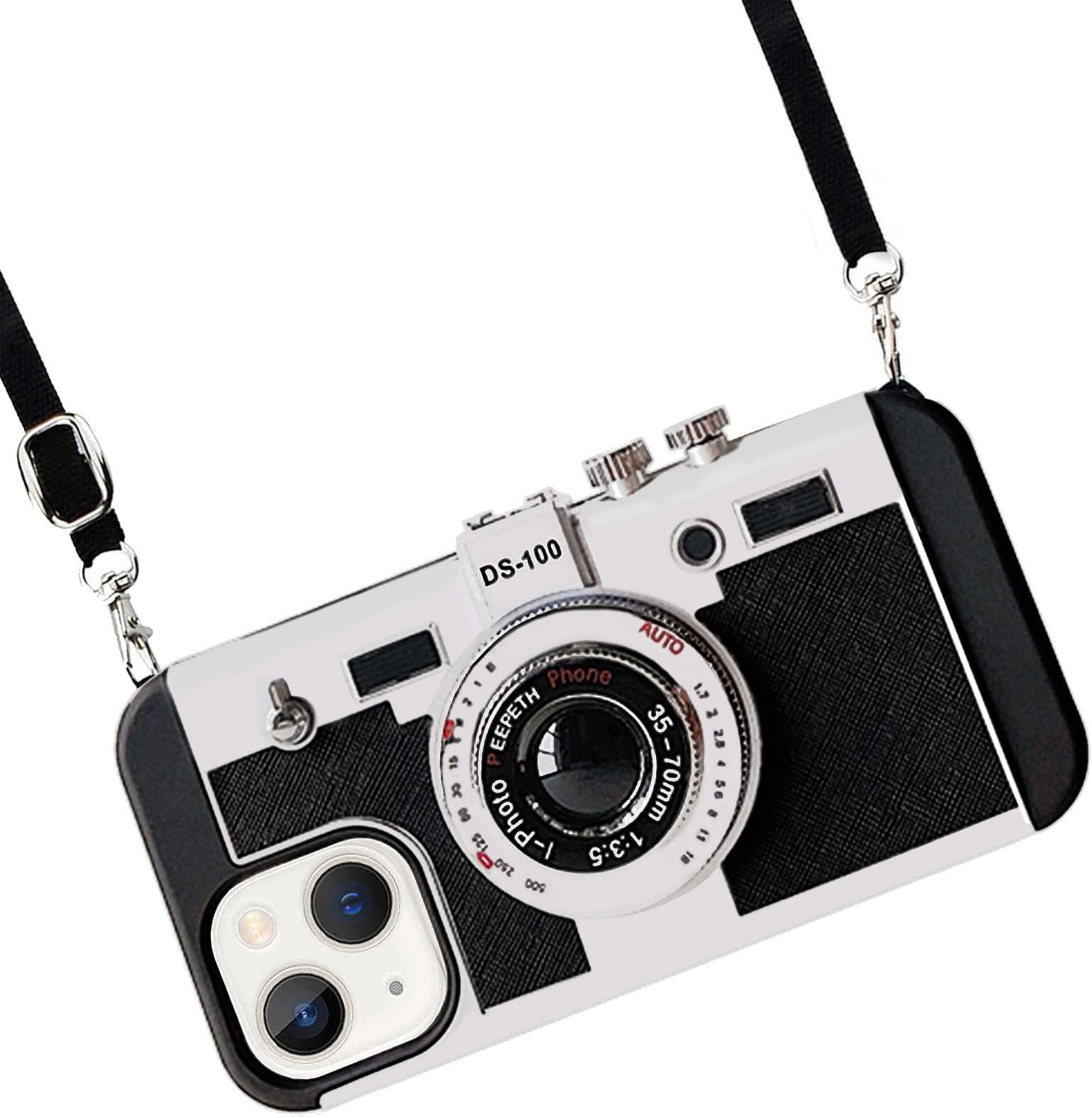 JIATAY Vintage Camera iPhone 14 Pro Max Case, Emily in Paris 3D Cute Camera Protector Protective Phone Case with Strap (Black & Silver, iPhone 14 Pro Max)