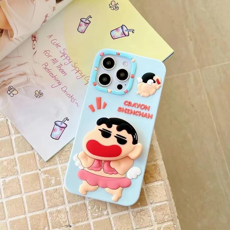 Image of COVERLY for iPhone 12 Pro 3D Cute Cartoon Crayon Shin-Chan Case,Full Protective Japanese Anime Cool Pop Back Case with Phone Holder Soft Silicon Blue Fashion Kawaii Cover for Apple iPhone 12 Pro