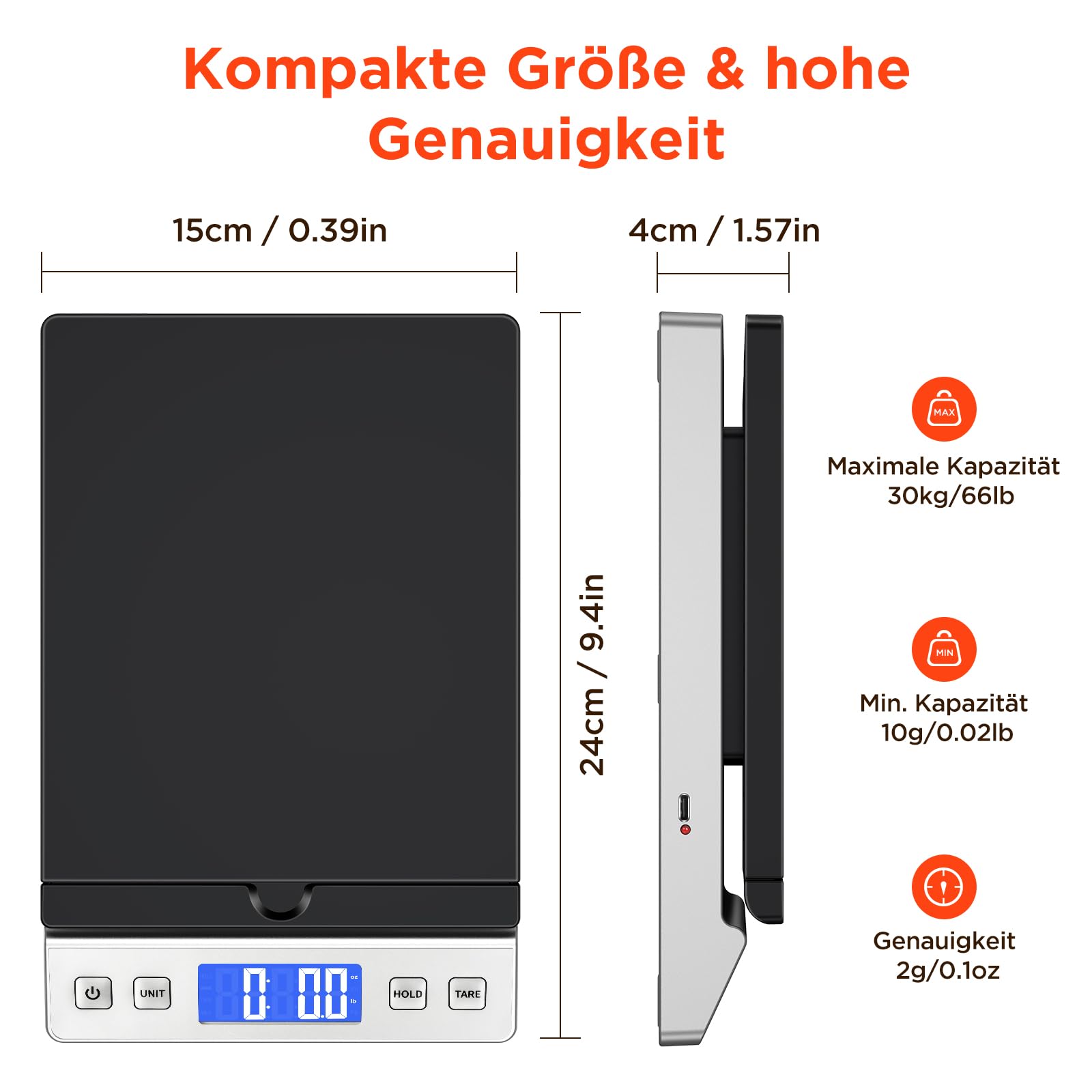 Briefwaage, Paketwaage bis 30kg/2g Genauigkeit Digitalwaage mit Halte/Tara Funktion, Präzise Klappbriefwaage Postwaage für Briefe und Pakete