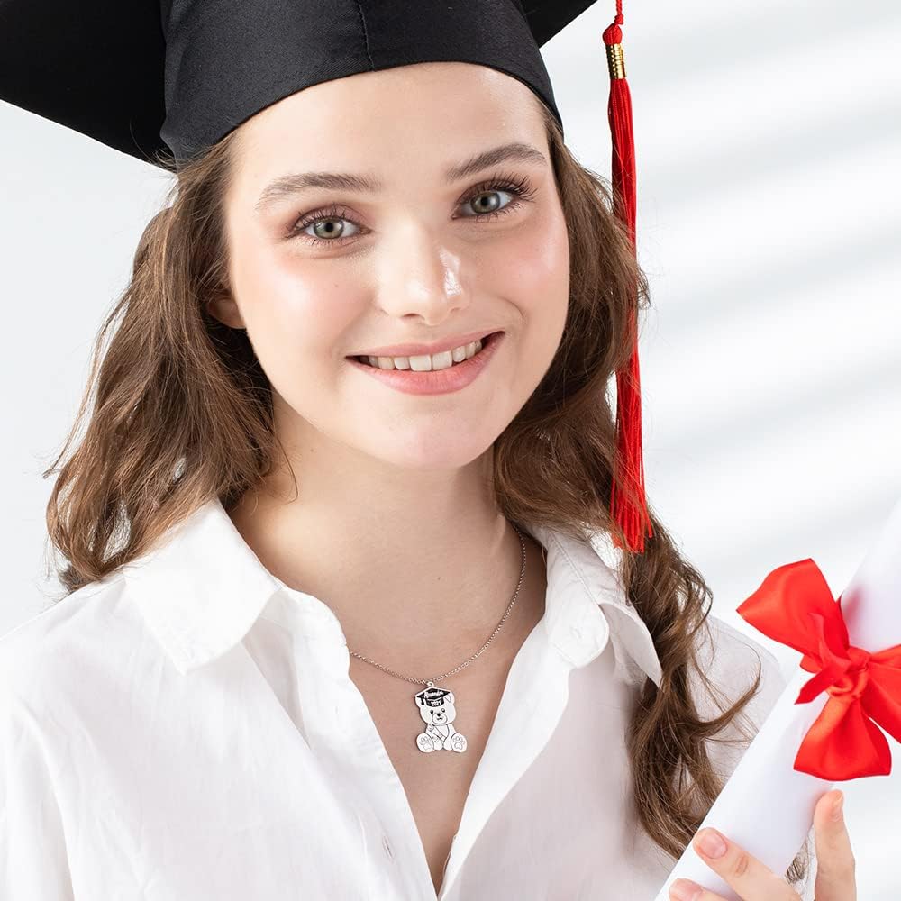 AILIN Personalized Graduation Bear Necklace 925 Sterling Silver/Stainless Steel Custom Engrave Name Year Pendant Neckalce Class 2023 College University Jewelry Graduation Gifts for Her Him Women Men