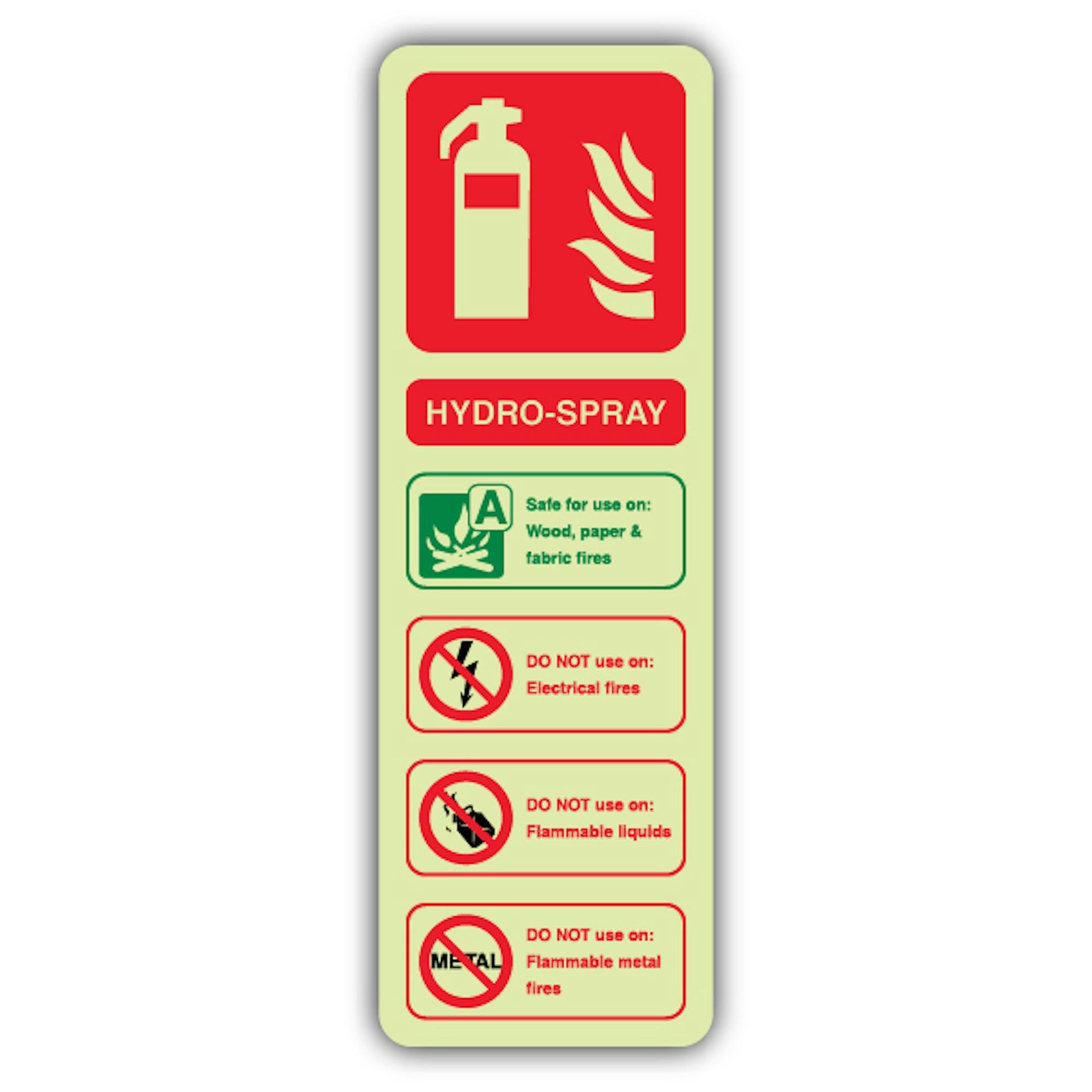 V Safety Glow In The Dark Hydro-Spray Fire Extinguisher Sign - 75 x 225 mm - Made From Double Glow Rigid Plastic - Fire Safety Signage - Made in Britain