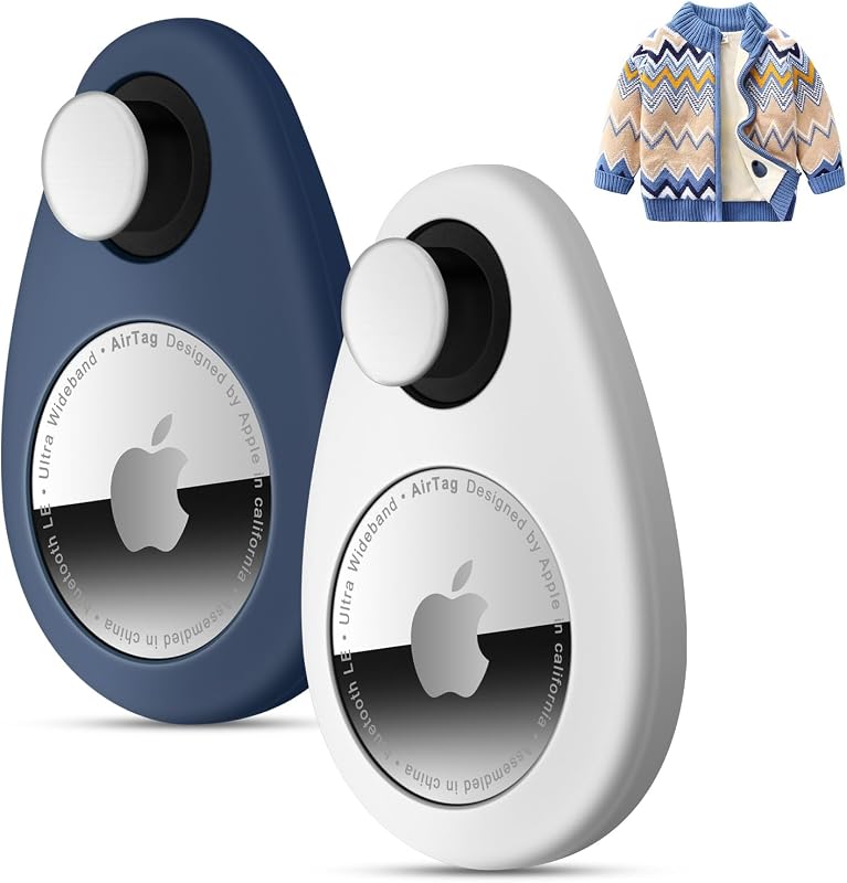 Kit com 2 Capas Ocultas de Silicone para Apple AirTag JUCONU com Fixação por Pinos e Desbloqueador Magnético, Branca e Azul-marinho