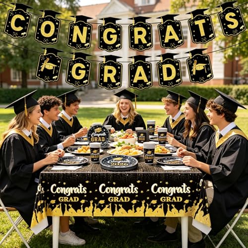 LAOREI Graduation Decorations 2026, Disposable Black Gold Graduation Tableware Kit with Plates Napkins Cups Tablecloth Congrats Grad Banner for Graduation Party Decorations 2026, Serve 24 — view 3