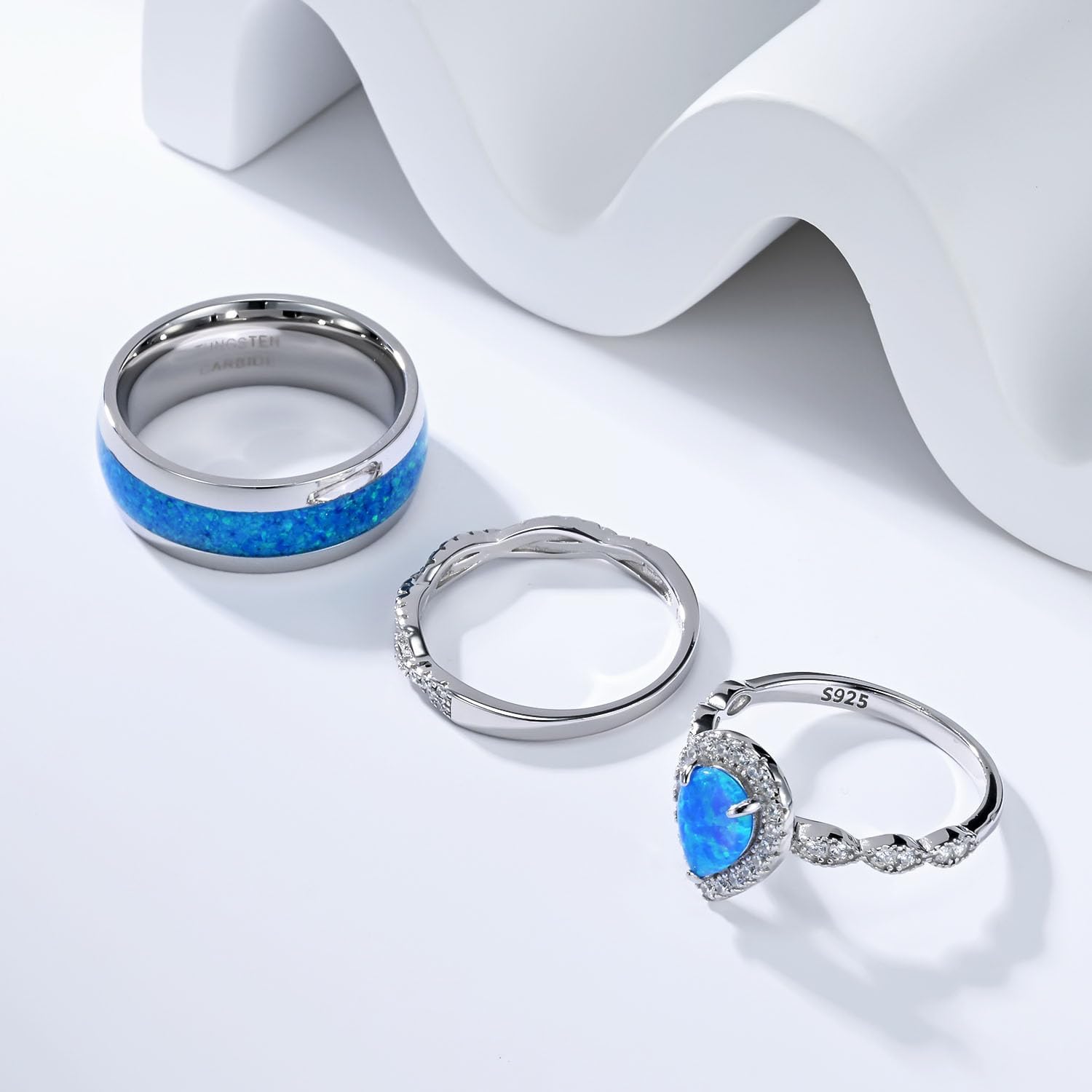 Couple Rings White Gold Plated 925 Sterling Silver Ring 1CT Pear Blue Opal Women Wedding Ring Sets Men Wedding Band