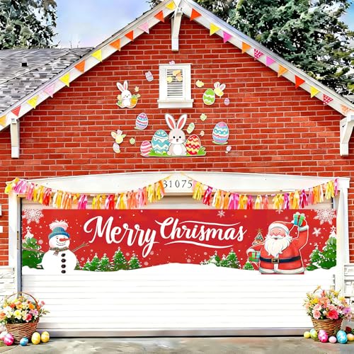 Image of Snowman and Santa Outdoor Banner 78.7 x 17.7 Inch Red Background with Snowflakes and Christmas Trees Festive Holiday Decoration for Yard Garden Fence Porch or Patio Display