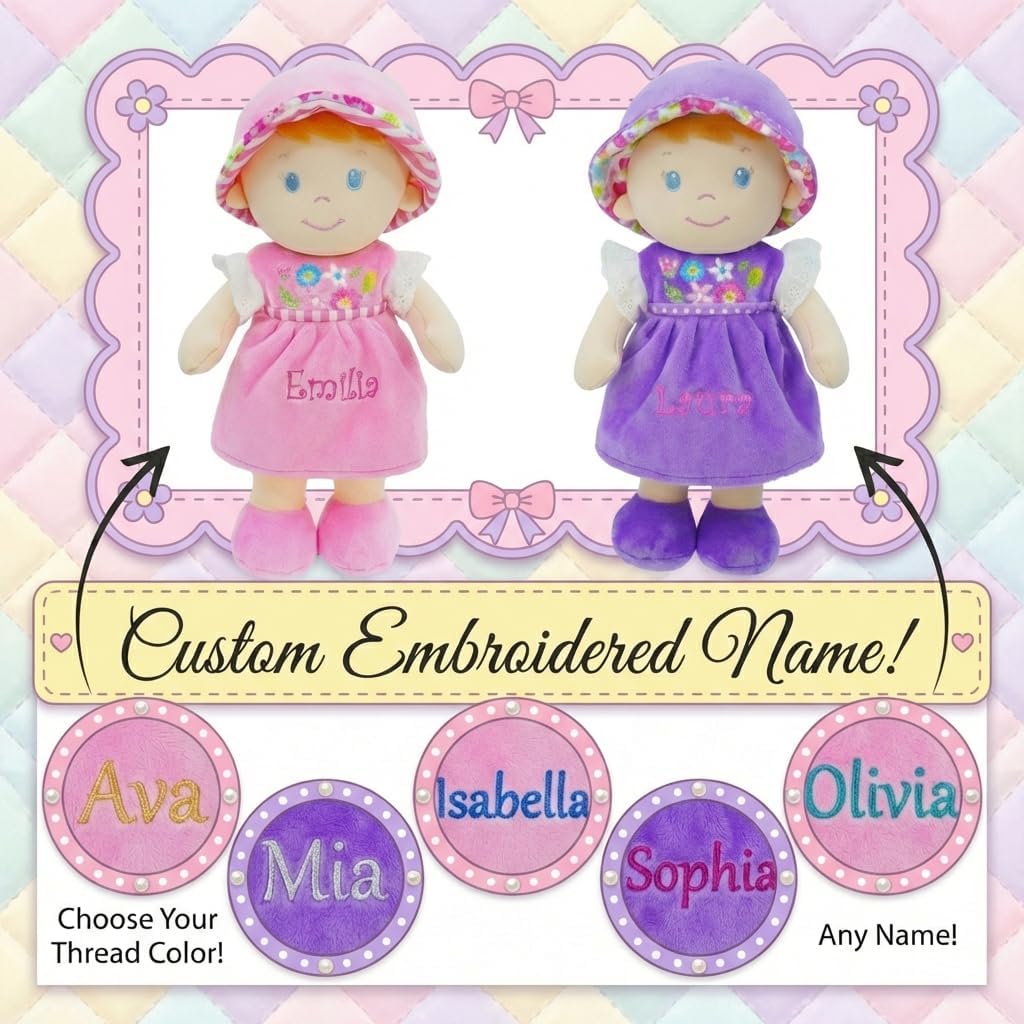 June Garden Personalized Soft Dolly Malorie - Stuffed Soft Baby Doll for Birth and Up with Custom Name - Pink Dress