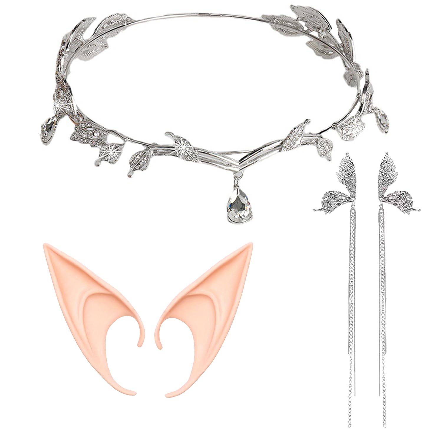 GAZIL Set of 3 Crystal Princess Elven Headpiece with Large Elf Ears Adult & Silver Angel Wing Earrings