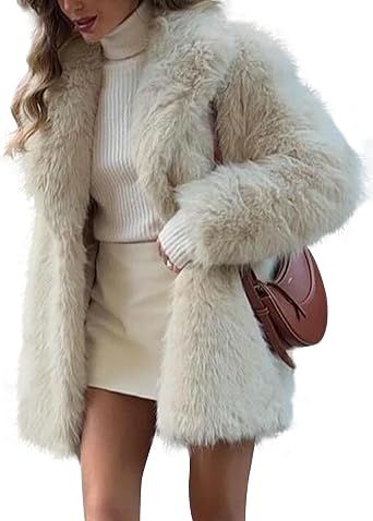 COZYPOIN Womens Faux Fur Coats Warm Mid Long Furry Jackets Long Sleeve Lapel Winter Fluffy Outerwear Shaggy Parka Coat