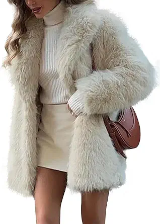Women's Faux Fur Coat - Warm, Mid-Length, Long Sleeve, Lapel, Fluffy Winter Outerwear