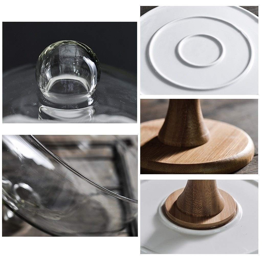 Alzata per torte in ceramica con base in legno e copertura a cupola in vetro, per decorazione di matrimoni e pasticceria, 24,4/28 cm