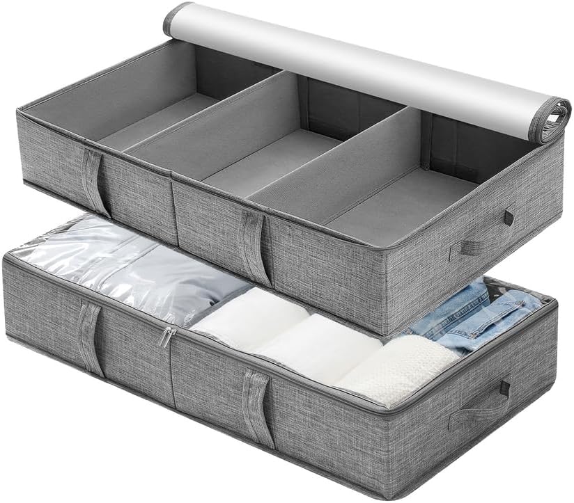 2 Pack Large Under Bed Storage Containers with Handles and Lid Foldable Sturdy Structure and Thick Fabric Under Bed Bins,Gray1,81 * 41 * 15cm